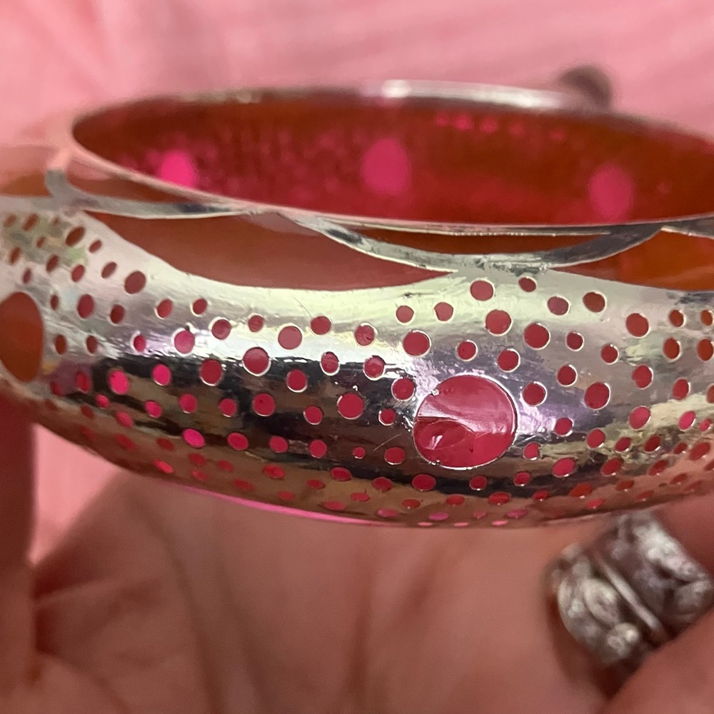 Vintage neon, Lucite, pink silver overlay bangle bracelet deco